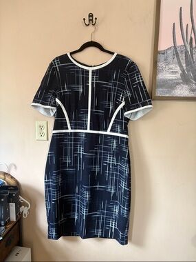 Badgley Mischka Navy Blue & White Crosshatch Print Dress Size 16